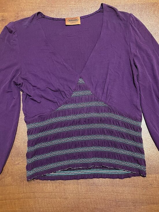 Missoni Tops - Purple XS Missoni Long Sleeved Blouse with Vee Neck Shirred Waist and Embroidery